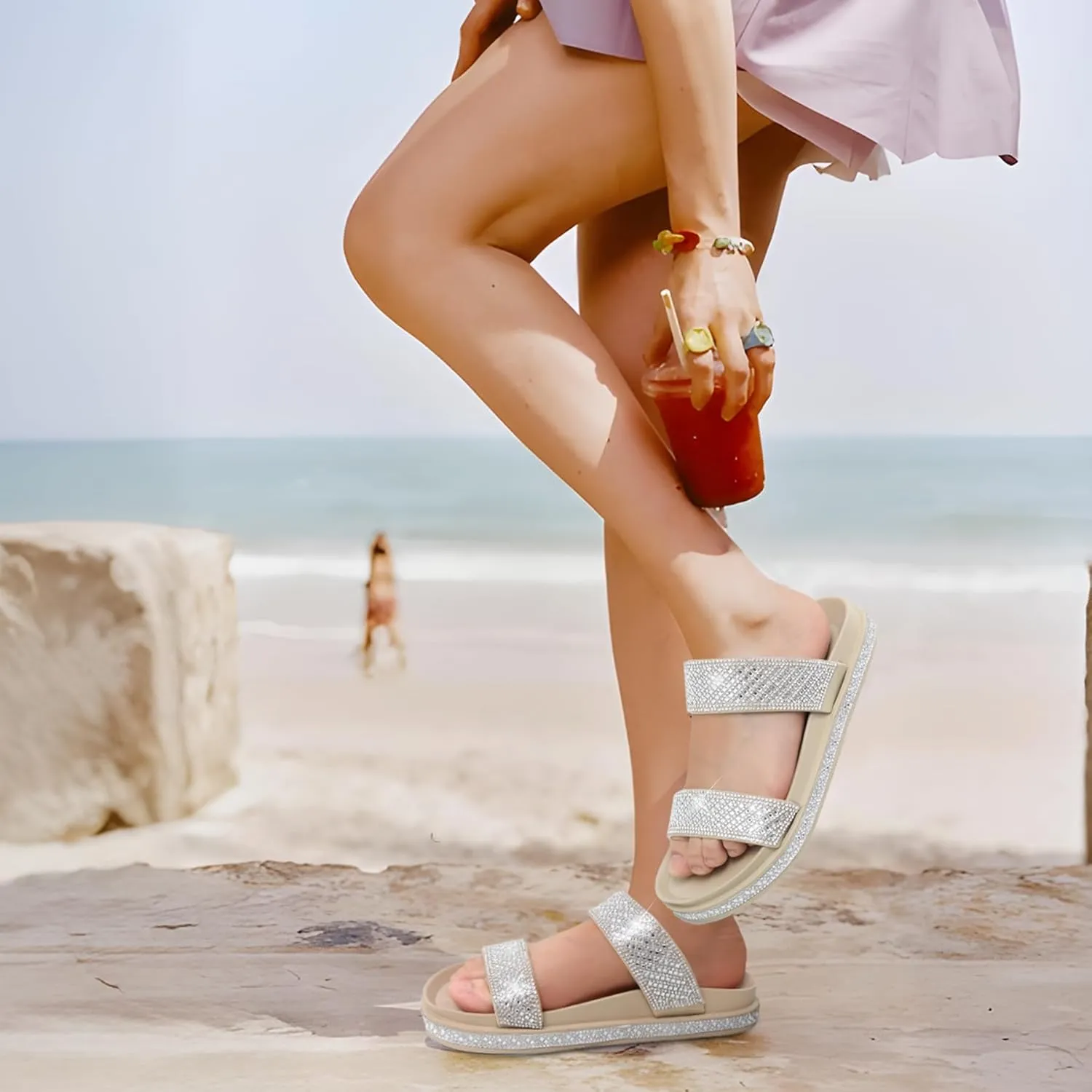 Platform Sandals Women,Womens Sandals with Rhinestone Dressy-Sandals Women Glitter Open-Toe Double Strap Arch-Support Slides Summer Sandals Vacation Comfortable