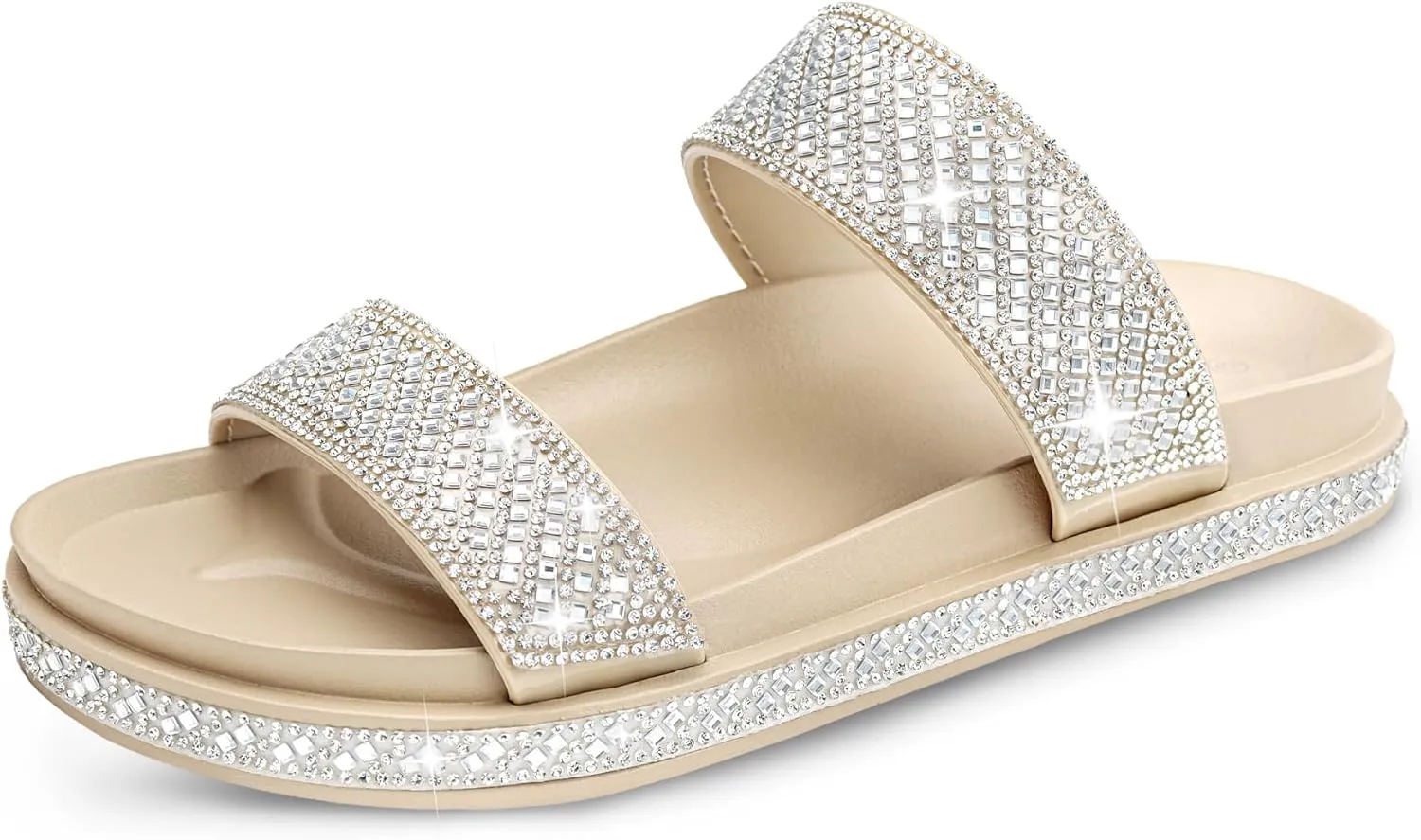 Platform Sandals Women,Womens Sandals with Rhinestone Dressy-Sandals Women Glitter Open-Toe Double Strap Arch-Support Slides Summer Sandals Vacation Comfortable