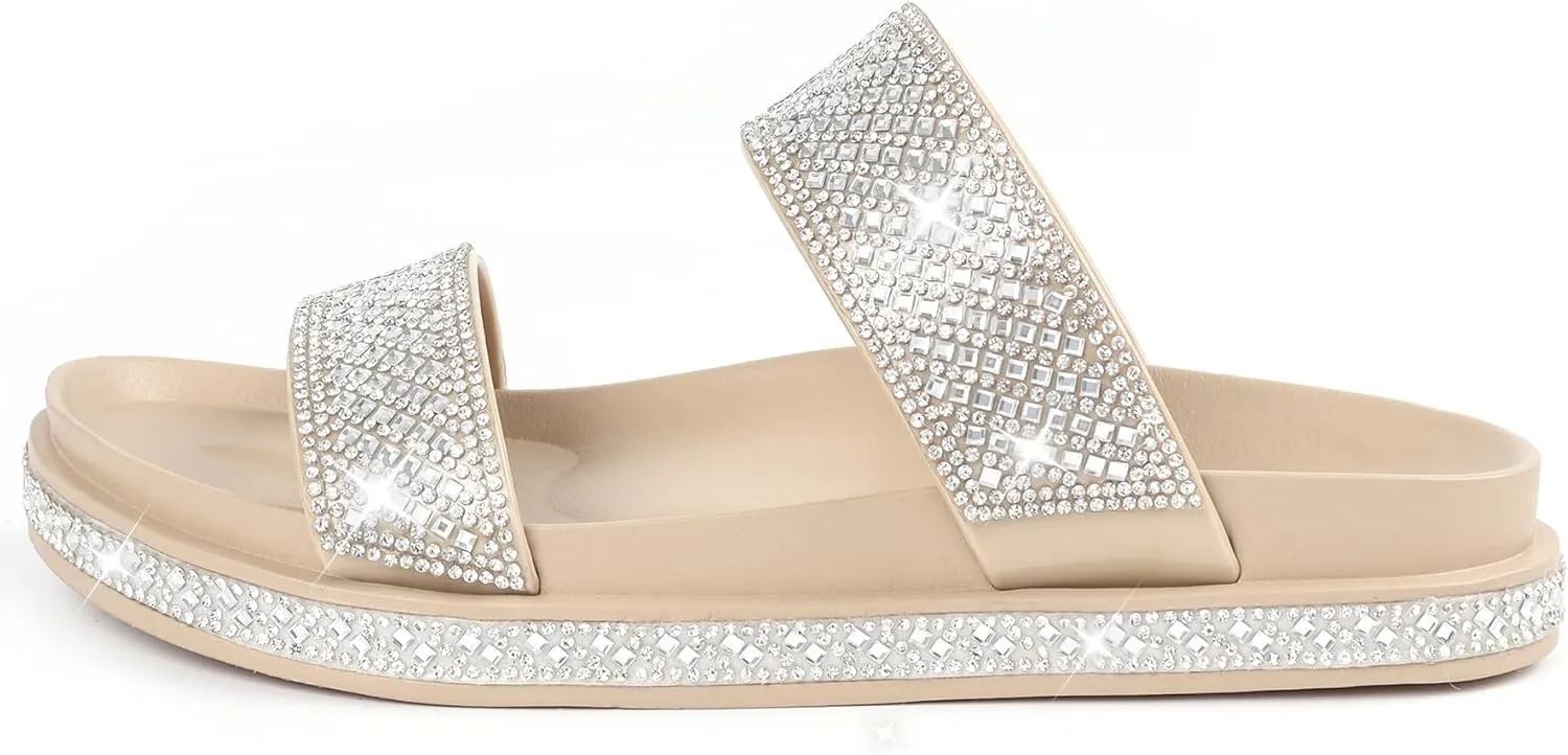 Platform Sandals Women,Womens Sandals with Rhinestone Dressy-Sandals Women Glitter Open-Toe Double Strap Arch-Support Slides Summer Sandals Vacation Comfortable