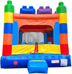 Pogo Bounce House Crossover Inflatable Bounce House, Rainbow Building Blocks, 13 x 12 x 14.5 Foot, Outdoor Playhouse for Kids Outdoor Castle with Basketball Hoop, Blower, Stakes, and Storage Bag