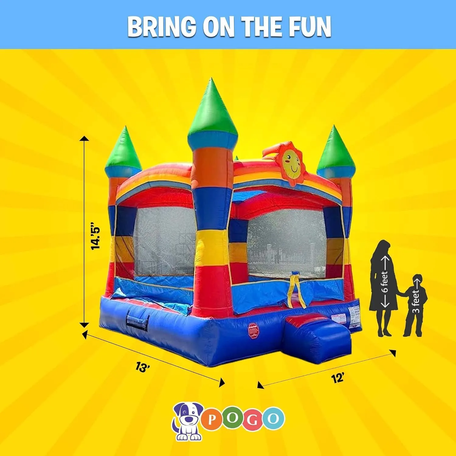 Pogo Bounce House Crossover Inflatable Commercial Grade Party Playhouse Rainbow Smiley Face Slide Unit & Blower - for Kids & Toddler - Backyard Outdoor Jump Fun - W/Stakes & Storage Bag 13x12x14.5ft