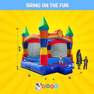 Pogo Bounce House Crossover Inflatable Commercial Grade Party Playhouse Rainbow Smiley Face Slide Unit & Blower - for Kids & Toddler - Backyard Outdoor Jump Fun - W/Stakes & Storage Bag 13x12x14.5ft