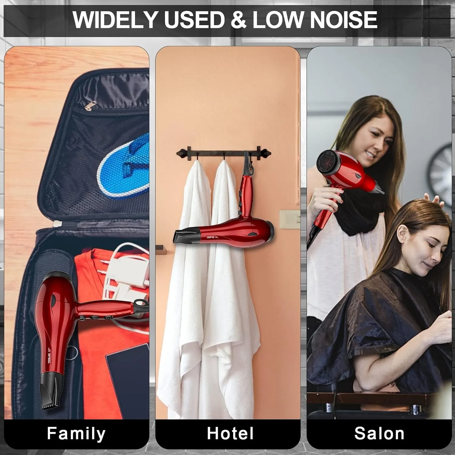 Professional Salon Hair Dryer, 1875W Blow Dryer, 2 Concentrator Nozzles, 3 Heat Settings, 2 Speed Slide Switch, Cool Shot Button, Fast Drying for Family, Low Noise (Cola Red)