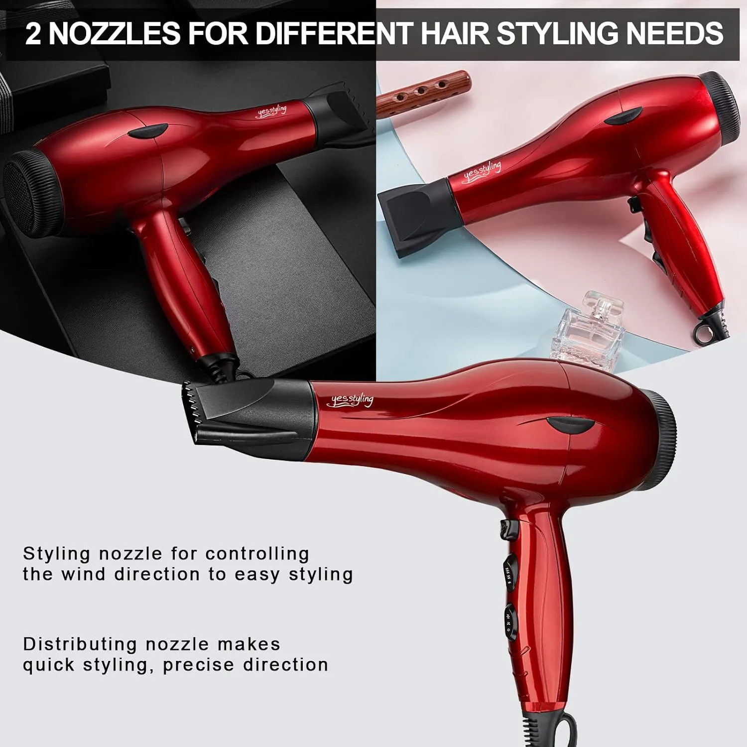 Professional Salon Hair Dryer, 1875W Blow Dryer, 2 Concentrator Nozzles, 3 Heat Settings, 2 Speed Slide Switch, Cool Shot Button, Fast Drying for Family, Low Noise (Cola Red)