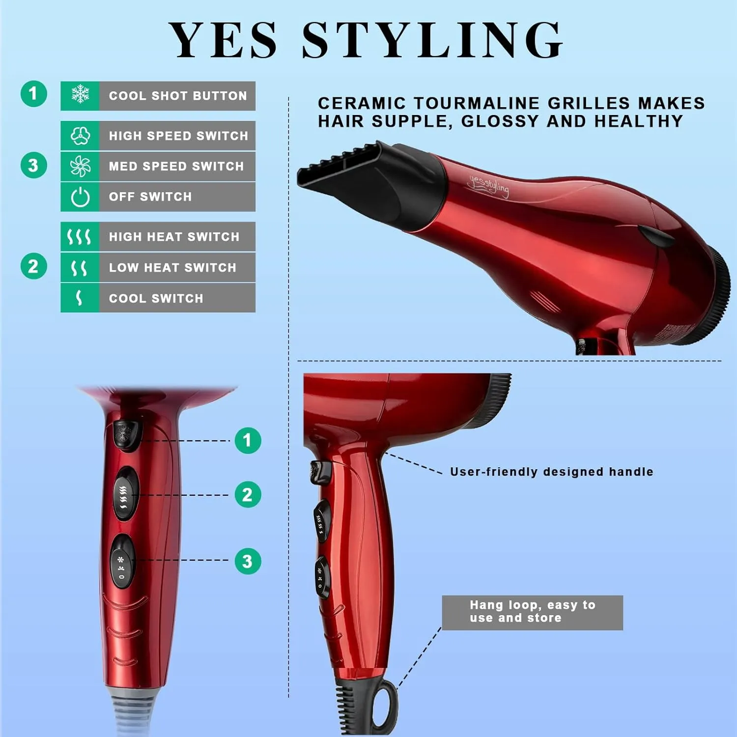 Professional Salon Hair Dryer, 1875W Blow Dryer, 2 Concentrator Nozzles, 3 Heat Settings, 2 Speed Slide Switch, Cool Shot Button, Fast Drying for Family, Low Noise (Cola Red)