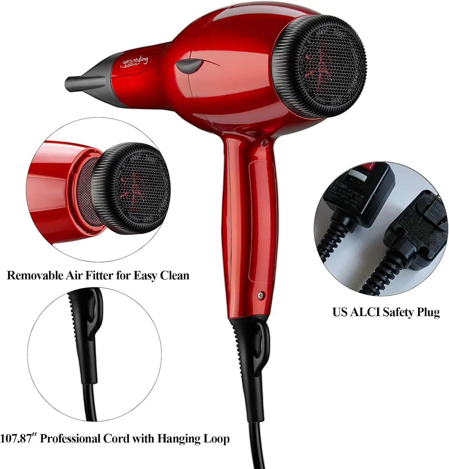 Professional Salon Hair Dryer, 1875W Blow Dryer, 2 Concentrator Nozzles, 3 Heat Settings, 2 Speed Slide Switch, Cool Shot Button, Fast Drying for Family, Low Noise (Cola Red)