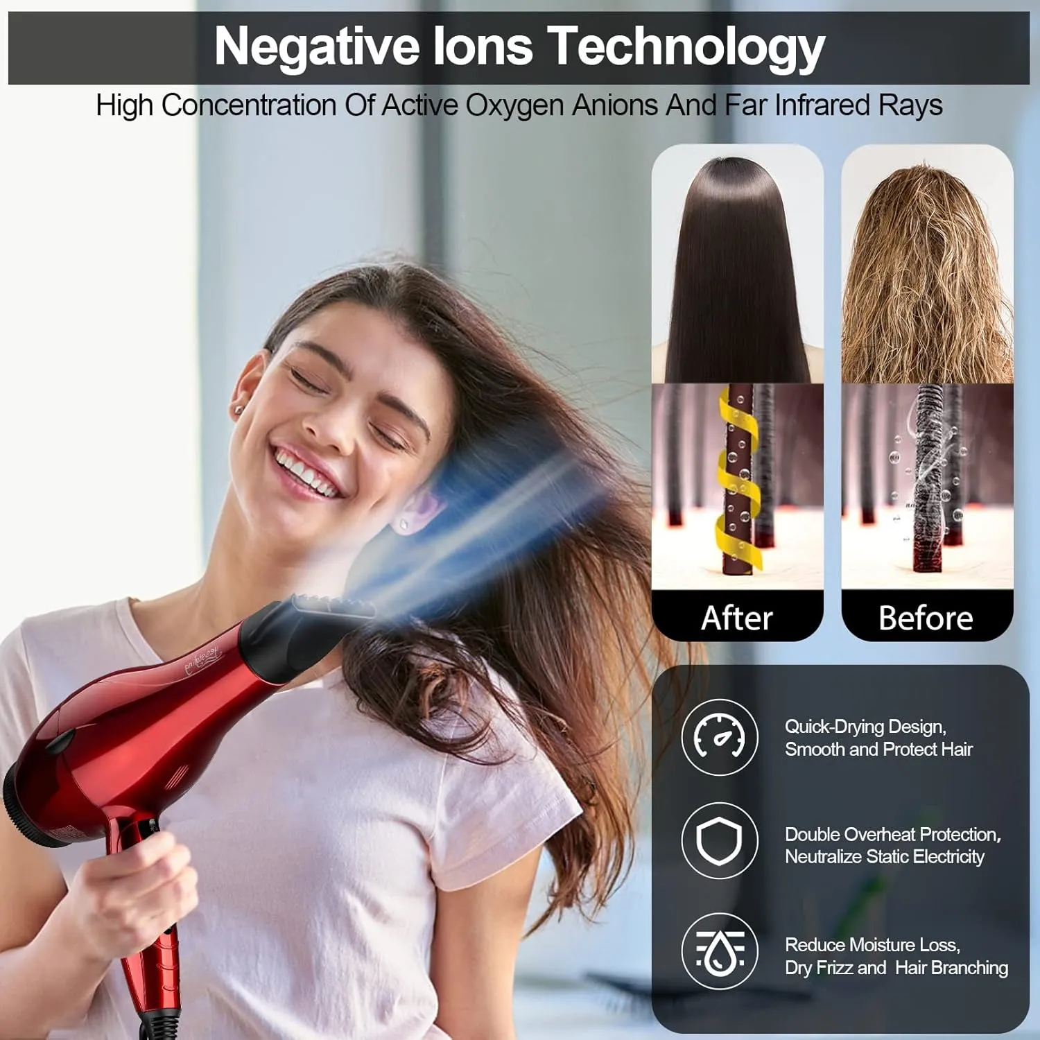 Professional Salon Hair Dryer, 1875W Blow Dryer, 2 Concentrator Nozzles, 3 Heat Settings, 2 Speed Slide Switch, Cool Shot Button, Fast Drying for Family, Low Noise (Cola Red)