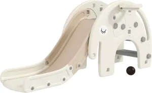 Qaba 3 in 1 Toddler Slide for Years 1-3, Kids Slide with Climber, Basketball Hoop, Elephant-Shaped Indoor Slide, Cream White