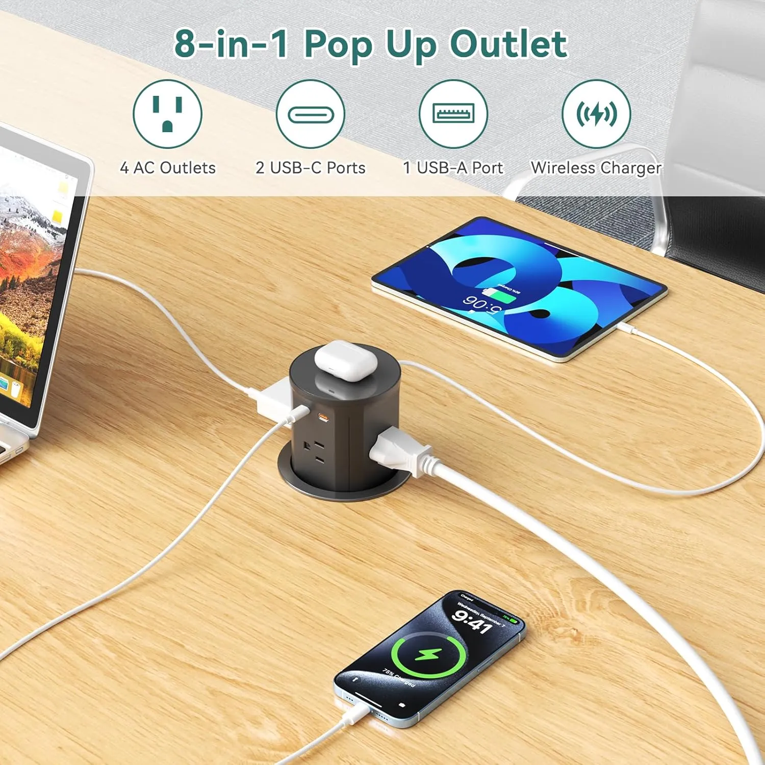 QBA Pop Up Countertop Outlet with PD 20W USB-C, 15W Wireless Charger, Pop Up Electrical Outlet with 4 Outlets 3 USB Ports, 3.35 inch Hole Desktop Power Grommet for Home Office (Black)