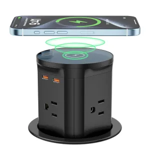 QBA Pop Up Countertop Outlet with PD 20W USB-C, 15W Wireless Charger, Pop Up Electrical Outlet with 4 Outlets 3 USB Ports, 3.35 inch Hole Desktop Power Grommet for Home Office (Black)