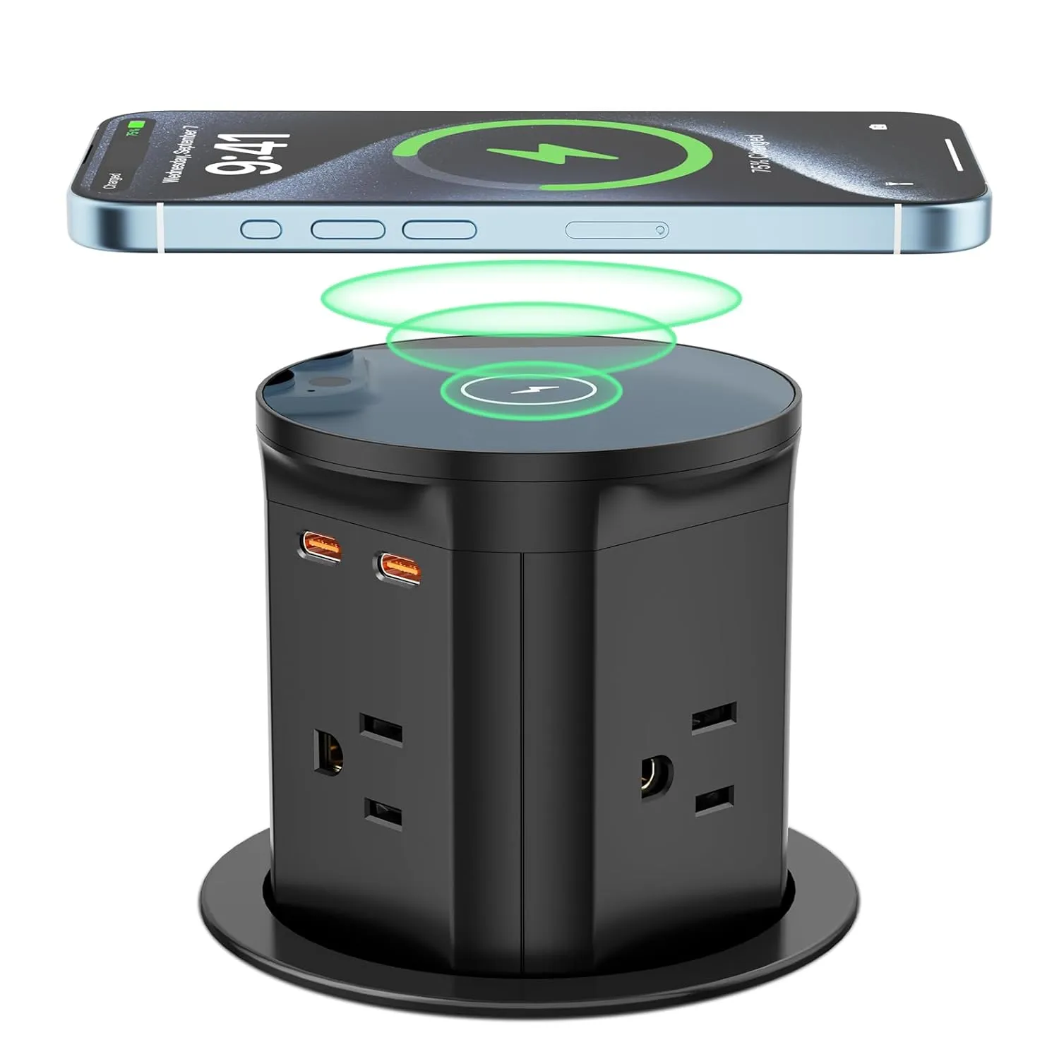 QBA Pop Up Countertop Outlet with PD 20W USB-C, 15W Wireless Charger, Pop Up Electrical Outlet with 4 Outlets 3 USB Ports, 3.35 inch Hole Desktop Power Grommet for Home Office (Black)