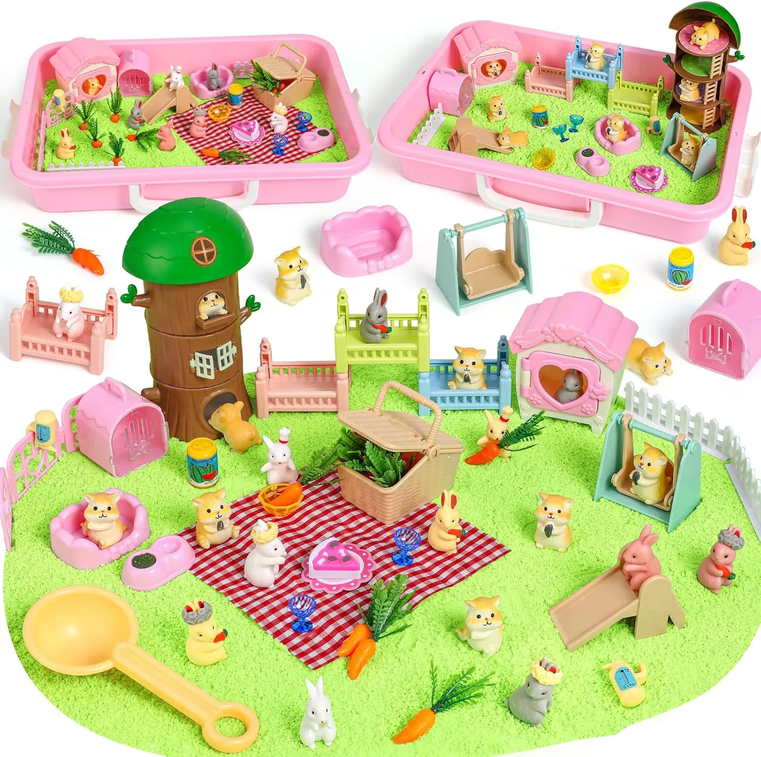 Rabbit and Hamster Sensory Bin,Play Sand Kit for Girls and Boys with 2.2lbs Sensory Sand and Box,Pet Sandbox Toys Role Pretend Play Beach Toy Birthday Present for Toddler Ages 3 4 5 6 7 8