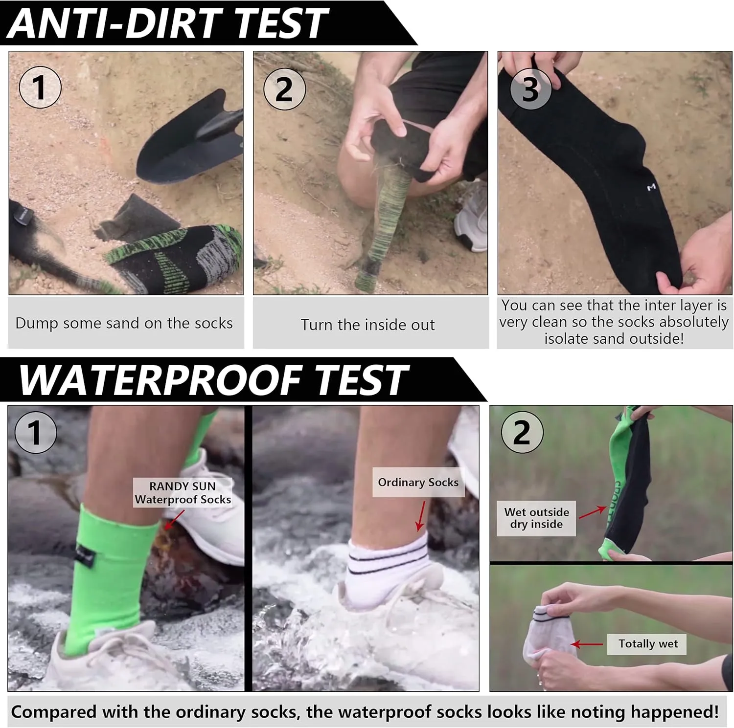 RANDY SUN Waterproof Socks, Unisex Cycling/Hunting/Fishing/Running Ankle Socks 1&2 Pair