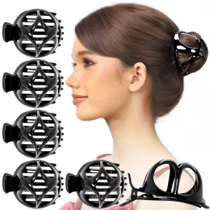 RC ROCHE ORNAMENT 6 Pcs Womens Round Classic Bun Maker Cover Side Slide Plastic No Slip Firm Secure Grip Styling Beauty Fashion Accessory Jaw Clamp Claw Hair Clip, Large Black