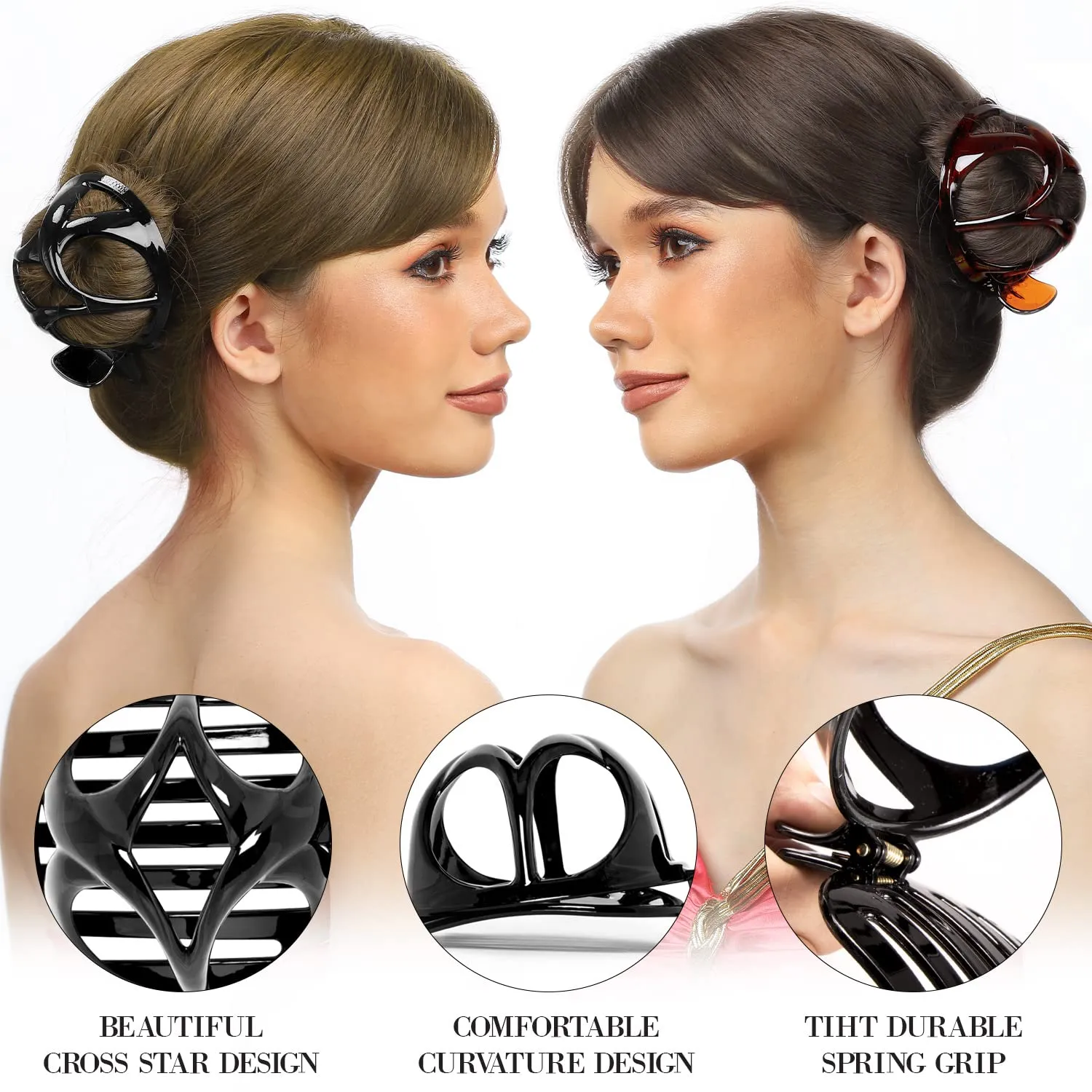 RC ROCHE ORNAMENT 6 Pcs Womens Round Classic Bun Maker Cover Side Slide Plastic No Slip Firm Secure Grip Styling Beauty Fashion Accessory Jaw Clamp Claw Hair Clip, Large Black