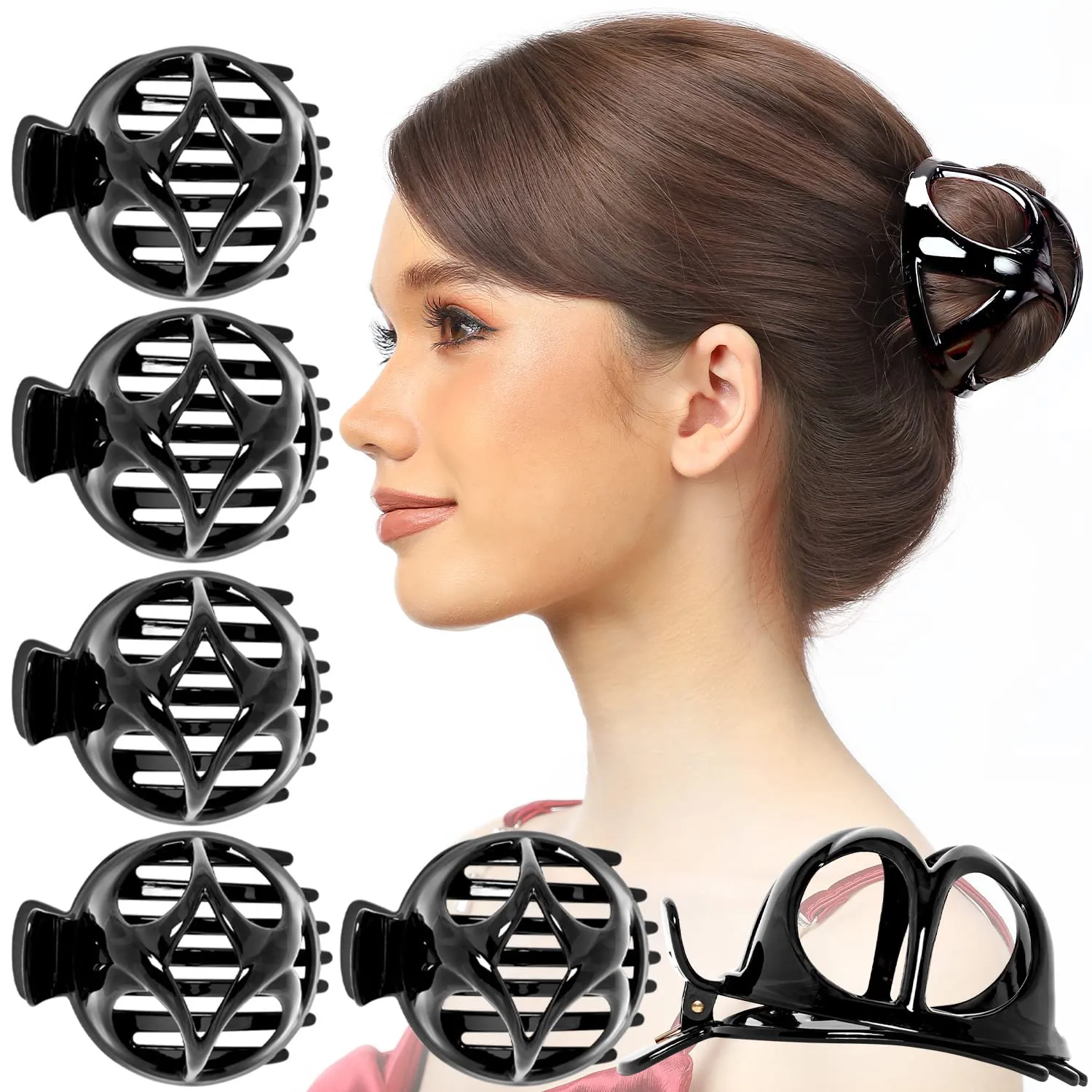 RC ROCHE ORNAMENT 6 Pcs Womens Round Classic Bun Maker Cover Side Slide Plastic No Slip Firm Secure Grip Styling Beauty Fashion Accessory Jaw Clamp Claw Hair Clip, Large Black