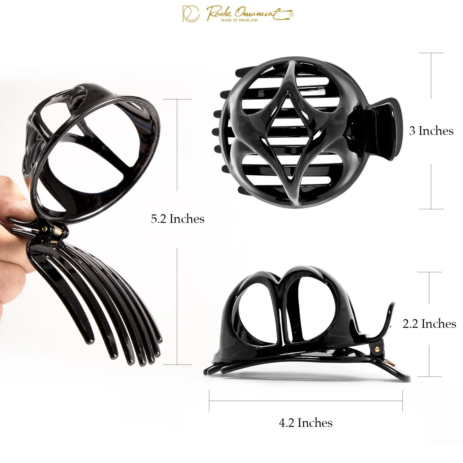 RC ROCHE ORNAMENT 6 Pcs Womens Round Classic Bun Maker Cover Side Slide Plastic No Slip Firm Secure Grip Styling Beauty Fashion Accessory Jaw Clamp Claw Hair Clip, Large Black