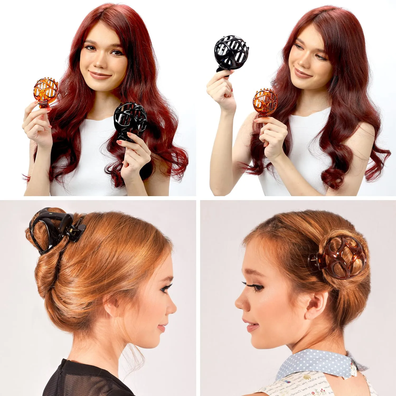 RC ROCHE ORNAMENT 6 Pcs Womens Round Classic Bun Maker Cover Side Slide Plastic No Slip Firm Secure Grip Styling Beauty Fashion Accessory Jaw Clamp Claw Hair Clip, Large Black