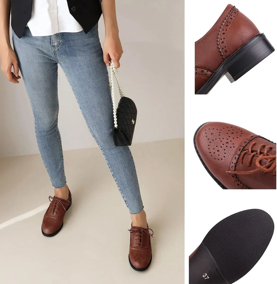 Roimaash Casual Oxford Shoes for Women Wingtip Flat Business Work Shoes