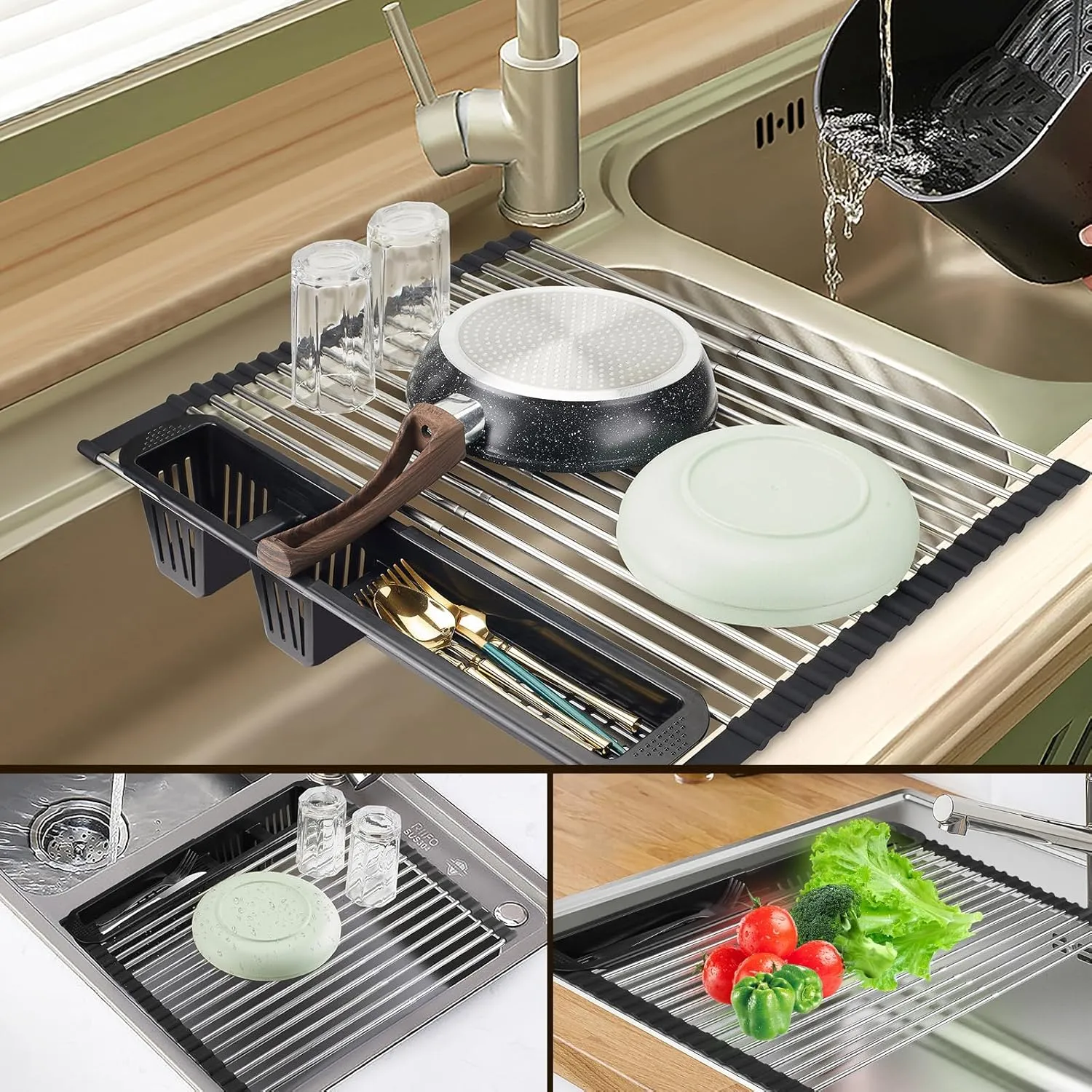 Roll Up Dish Drying Rack,Expandable Over The Sink Dish Drainer,Stainless Steel Kitchen Rolling Sink Rack with Utensil Holder,Length Up to 22.3" (Black, Large)
