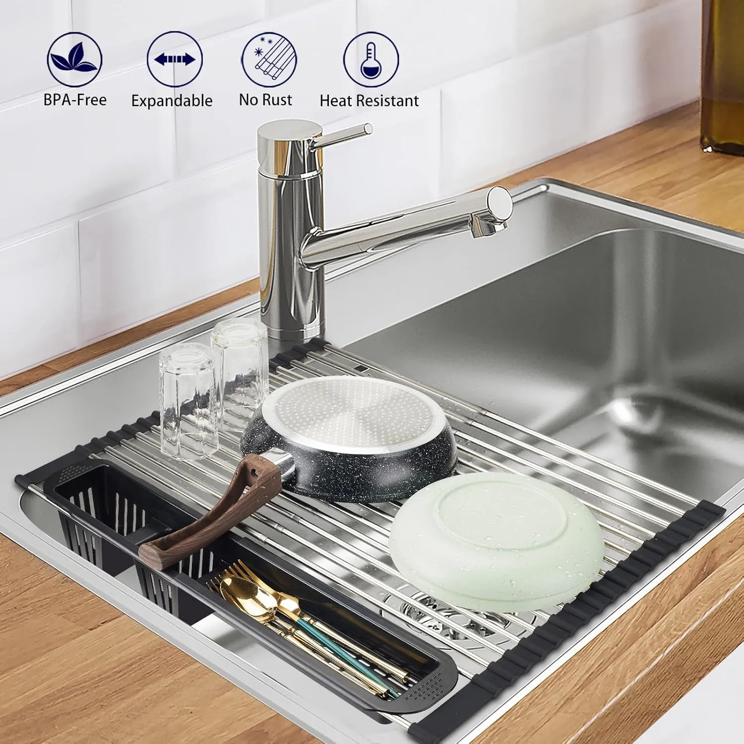 Roll Up Dish Drying Rack,Expandable Over The Sink Dish Drainer,Stainless Steel Kitchen Rolling Sink Rack with Utensil Holder,Length Up to 22.3" (Black, Large)