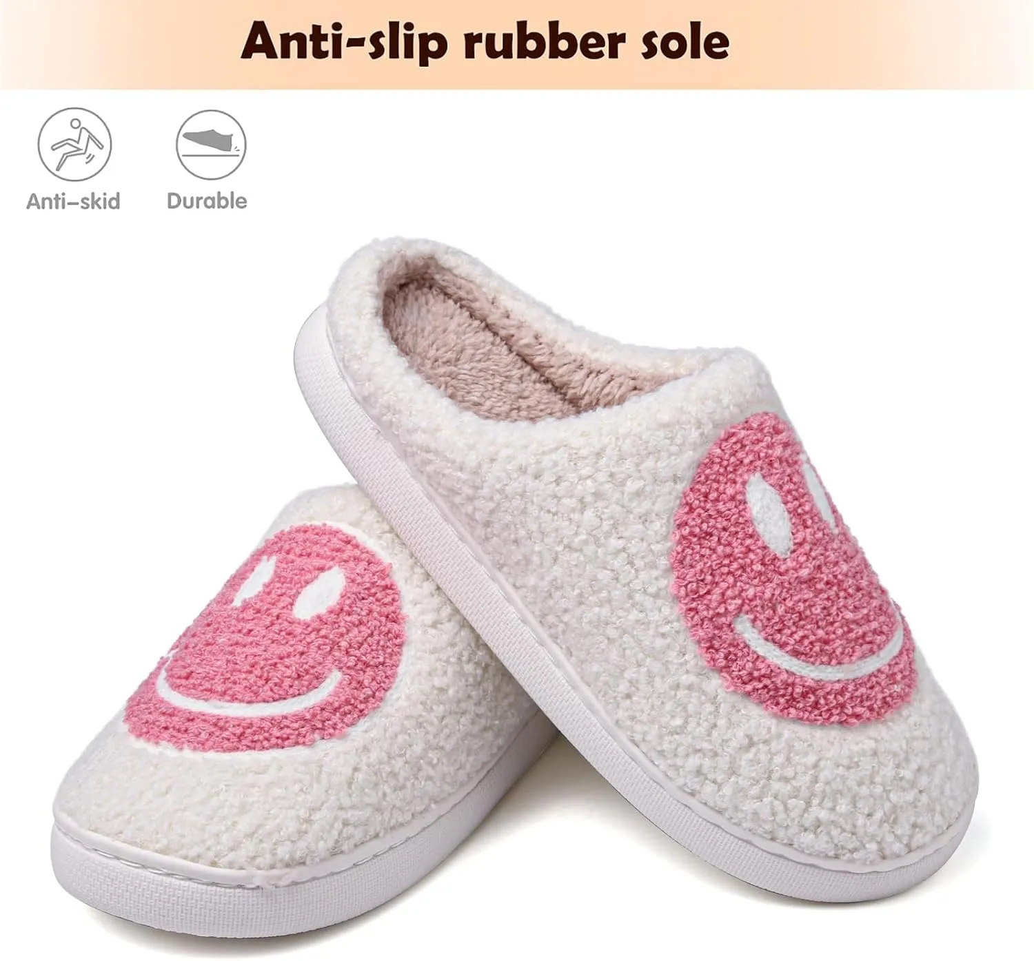 rosyclo Smile Face Slippers Retro Soft Plush Cozy House Slippers Slip-on Fluffy Indoor Outdoor Smile Slippers for Women and Men