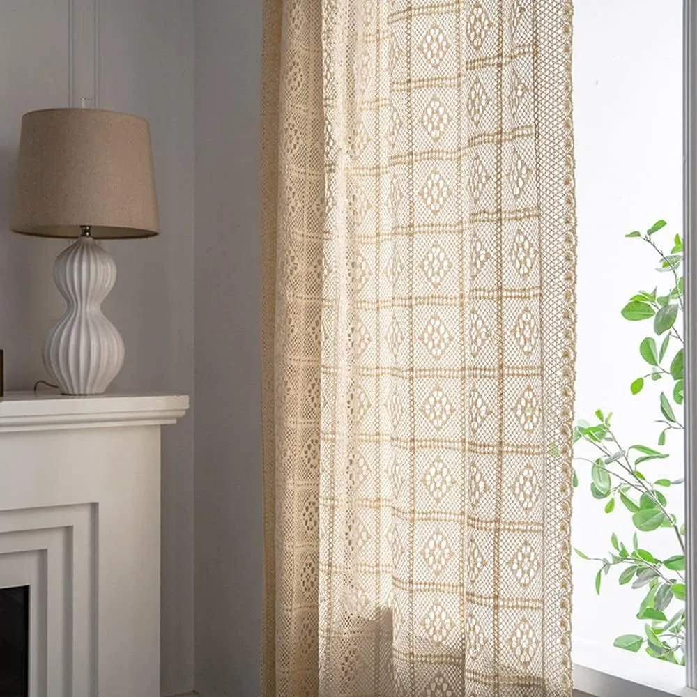 Rustic Crochet Curtains for Living Room Farmhouse Hollow Knitted Lace Curtain Panels for Bedroom Rod Pocket Boho Cotton Window Drapes for Doorway 1 Panel W39 X L71 Inch