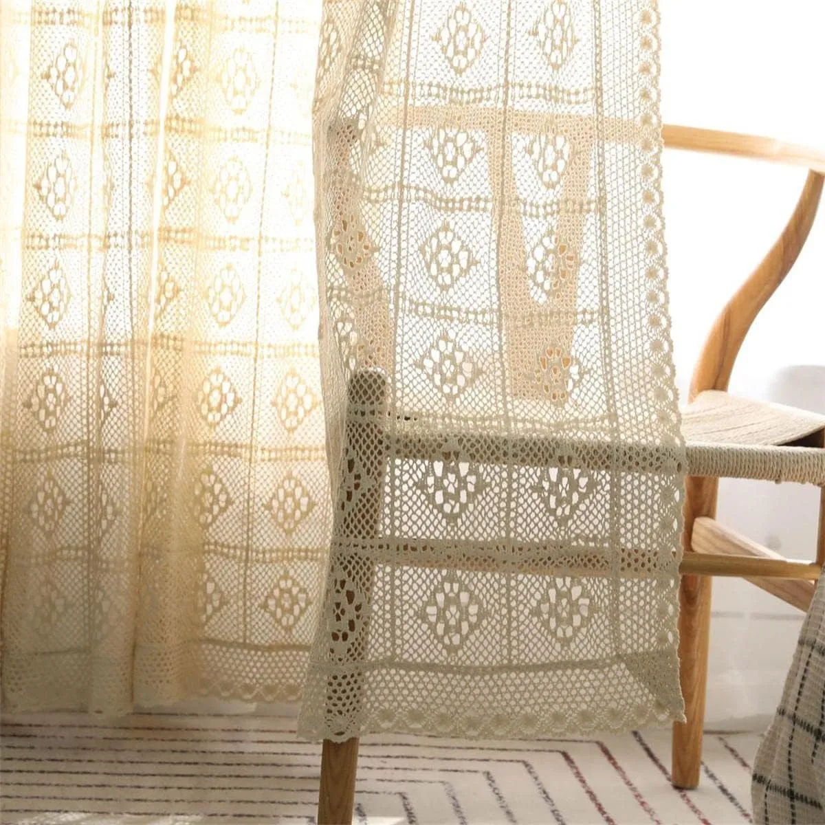 Rustic Crochet Curtains for Living Room Farmhouse Hollow Knitted Lace Curtain Panels for Bedroom Rod Pocket Boho Cotton Window Drapes for Doorway 1 Panel W39 X L71 Inch