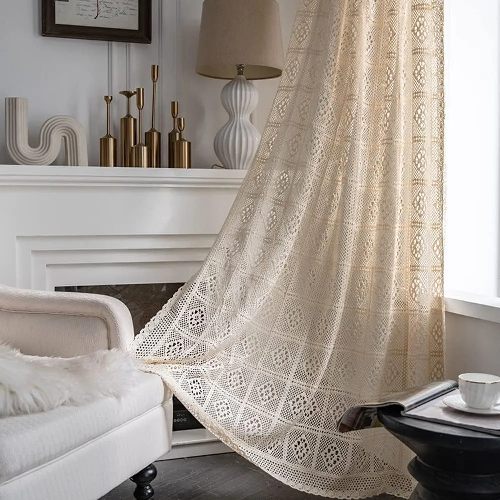 Rustic Crochet Curtains for Living Room Farmhouse Hollow Knitted Lace Curtain Panels for Bedroom Rod Pocket Boho Cotton Window Drapes for Doorway 1 Panel W39 X L71 Inch