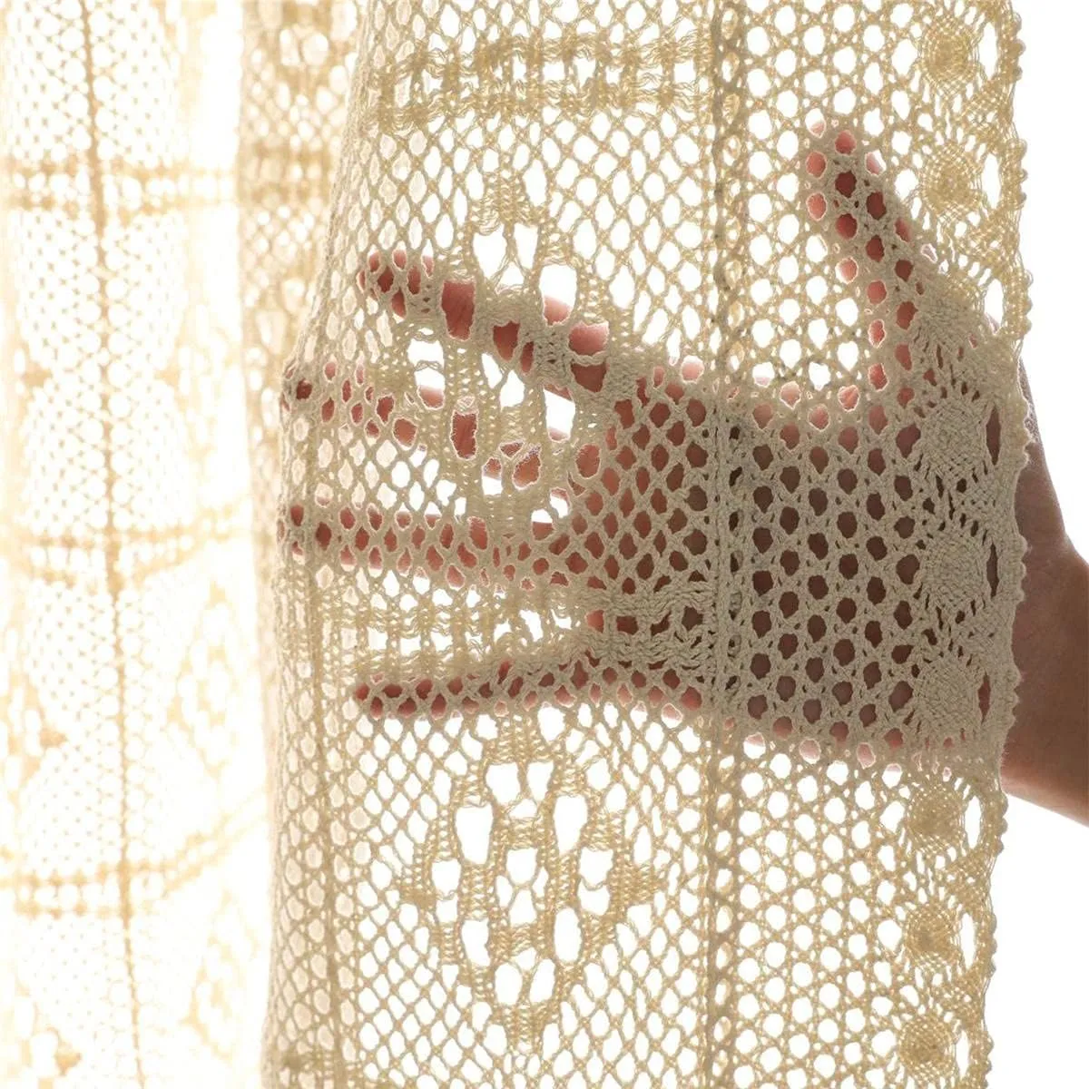 Rustic Crochet Curtains for Living Room Farmhouse Hollow Knitted Lace Curtain Panels for Bedroom Rod Pocket Boho Cotton Window Drapes for Doorway 1 Panel W39 X L71 Inch