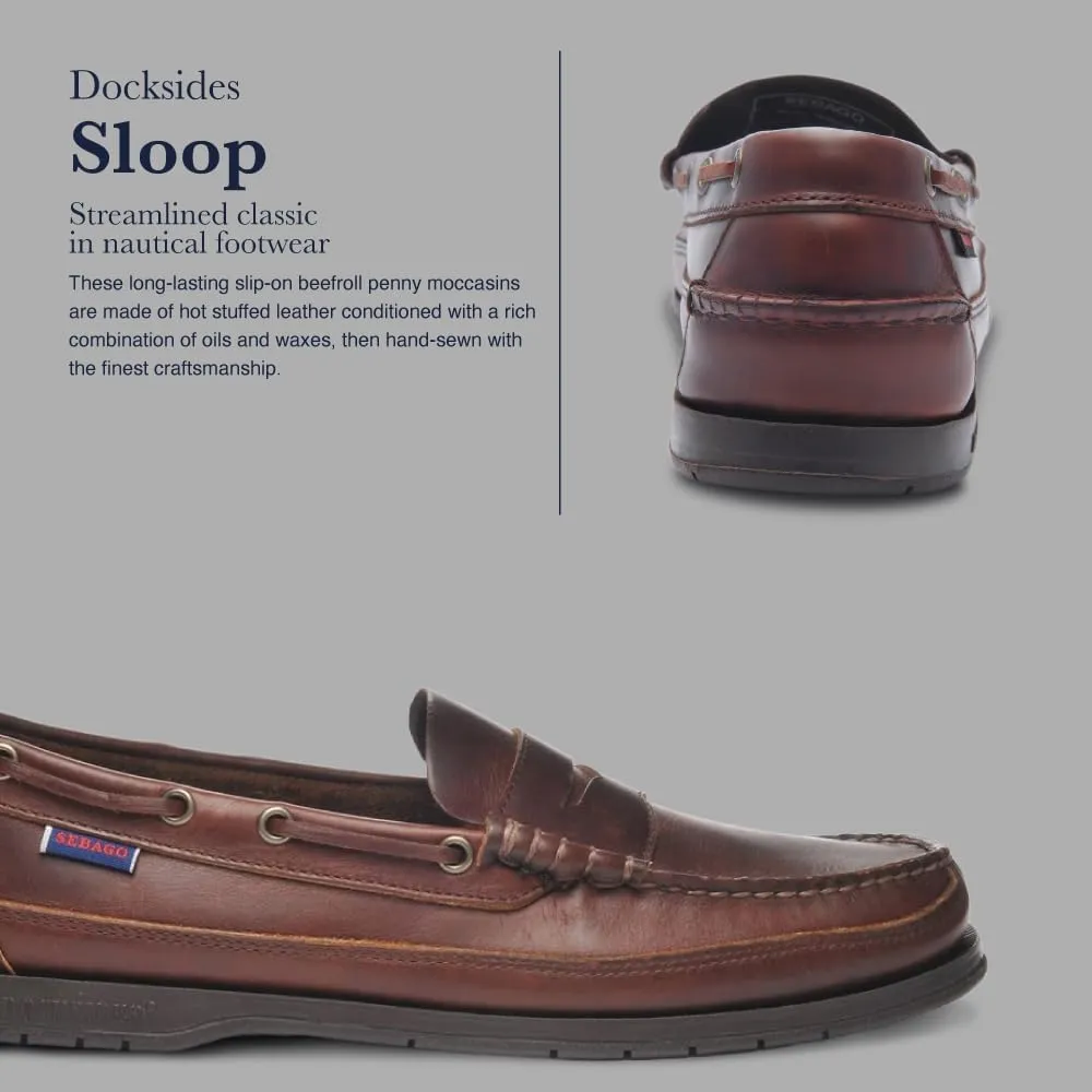 Sebago Sloop Waterproof Boat Shoes - Full-Grain Leather Loafer-Style Moccasins with Snug Leather Sock Lining and Non-Marking, Non-Slip Rubber Outsoles