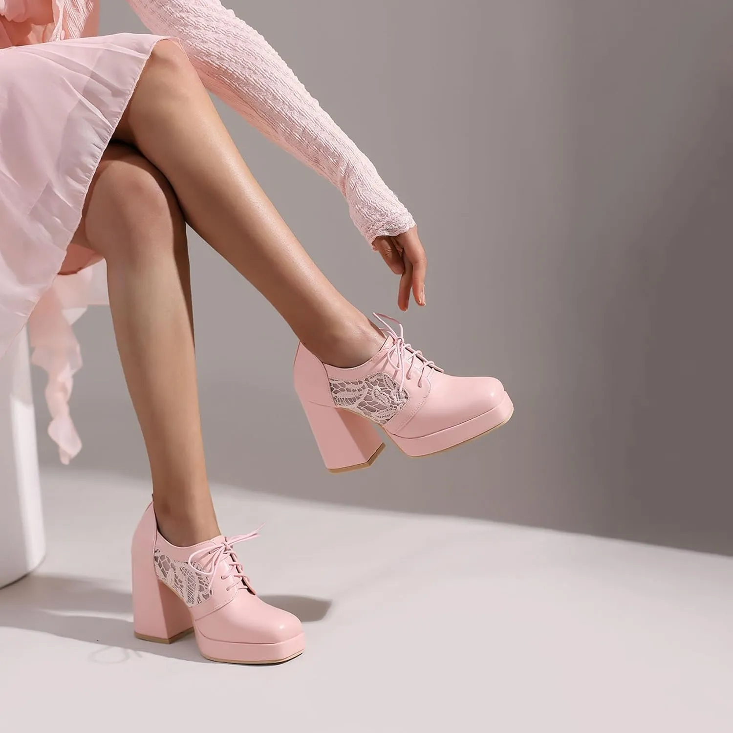 SEIFIN Women's Block High Heel Platform Pumps Square Toe Lace Up Ankle Booties Chunky Wingtip Oxford Dress Shoes