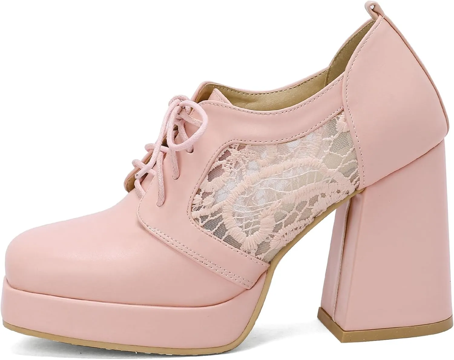 SEIFIN Women's Block High Heel Platform Pumps Square Toe Lace Up Ankle Booties Chunky Wingtip Oxford Dress Shoes