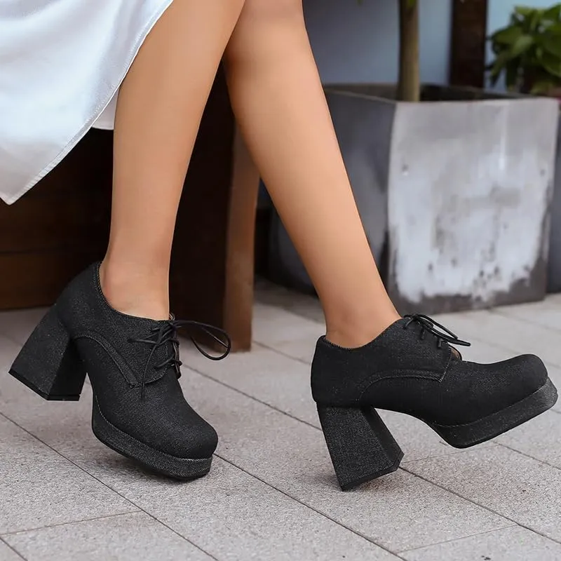 SEIFIN Women's Block High Heel Platform Pumps Square Toe Lace Up Ankle Booties Chunky Wingtip Oxford Dress Shoes