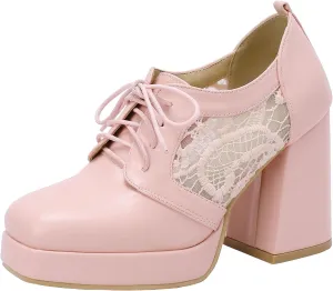 SEIFIN Women's Block High Heel Platform Pumps Square Toe Lace Up Ankle Booties Chunky Wingtip Oxford Dress Shoes