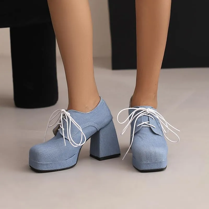 SEIFIN Women's Block High Heel Platform Pumps Square Toe Lace Up Ankle Booties Chunky Wingtip Oxford Dress Shoes
