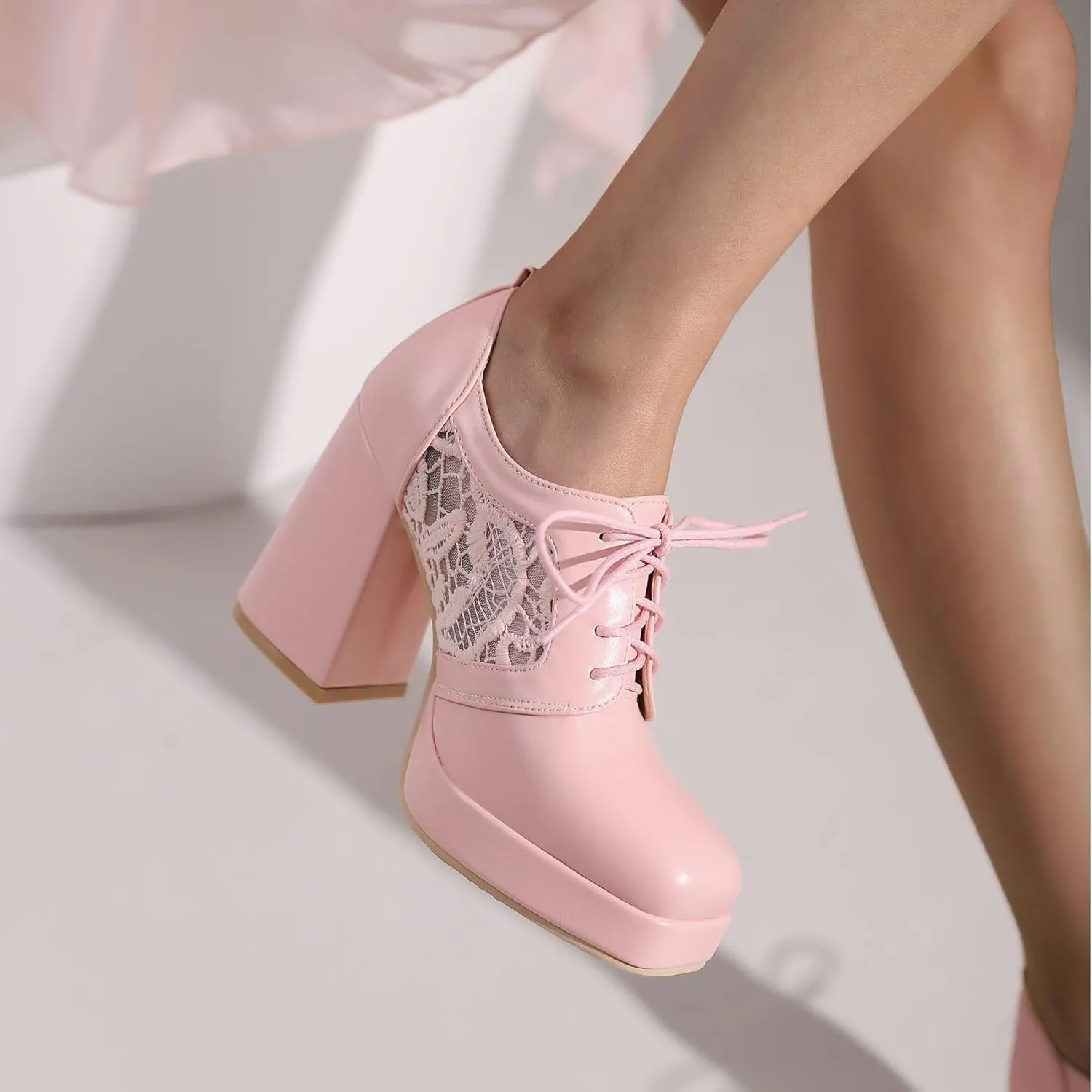 SEIFIN Women's Block High Heel Platform Pumps Square Toe Lace Up Ankle Booties Chunky Wingtip Oxford Dress Shoes