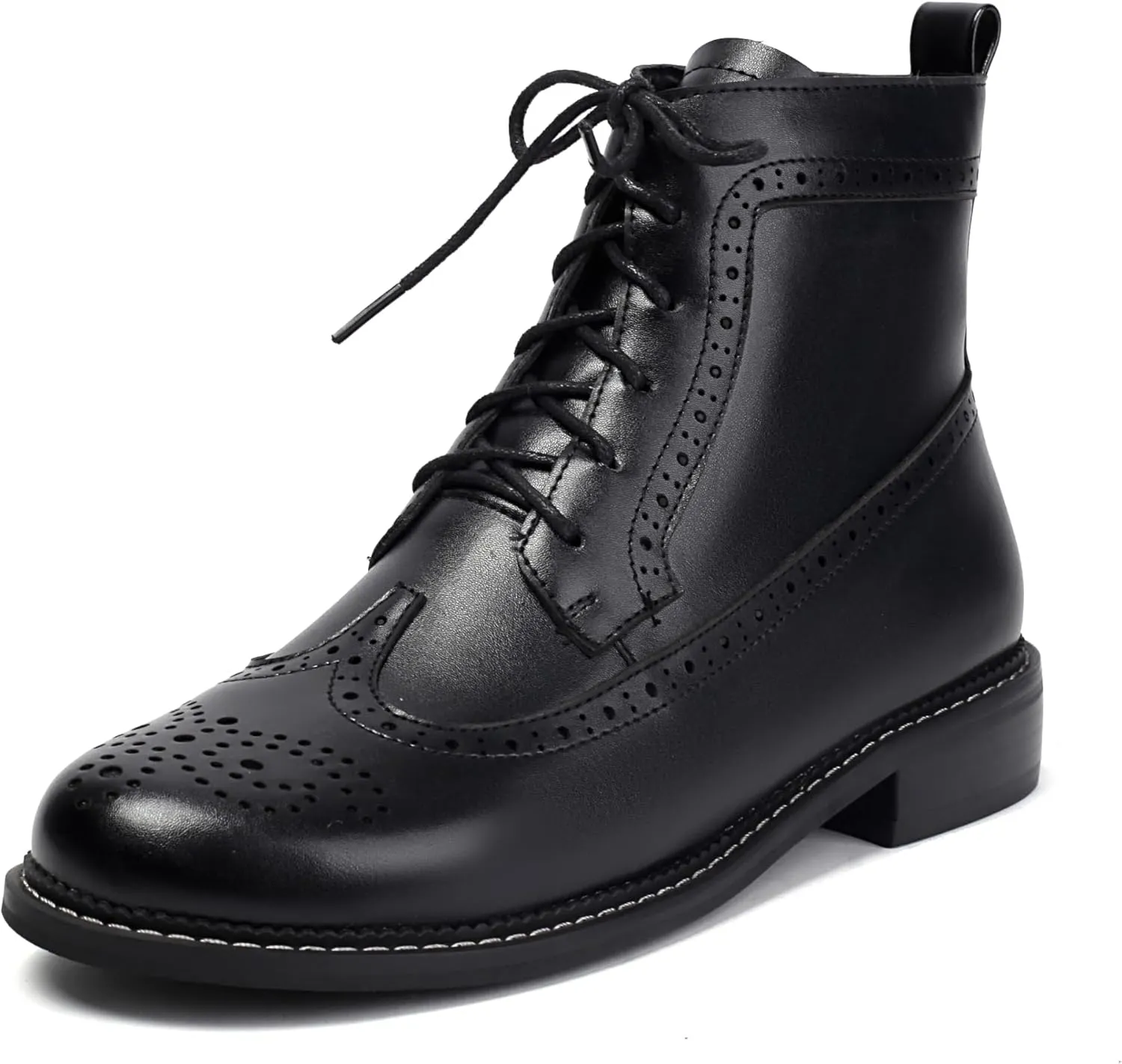 SEIFIN Women's Wingtip Oxford Boot Combat Boots Side Zip Ankle Motorcycle Boots Dressy Lace Up Wingtip Brogue Short Booties