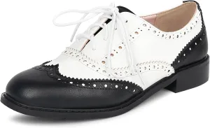 SHEMEE Women's Patent Leather Low Heels Vintage Wingtip Oxfords Pumps Lace Up Pointed Toe Flat Retro Brogues Dress Shoes