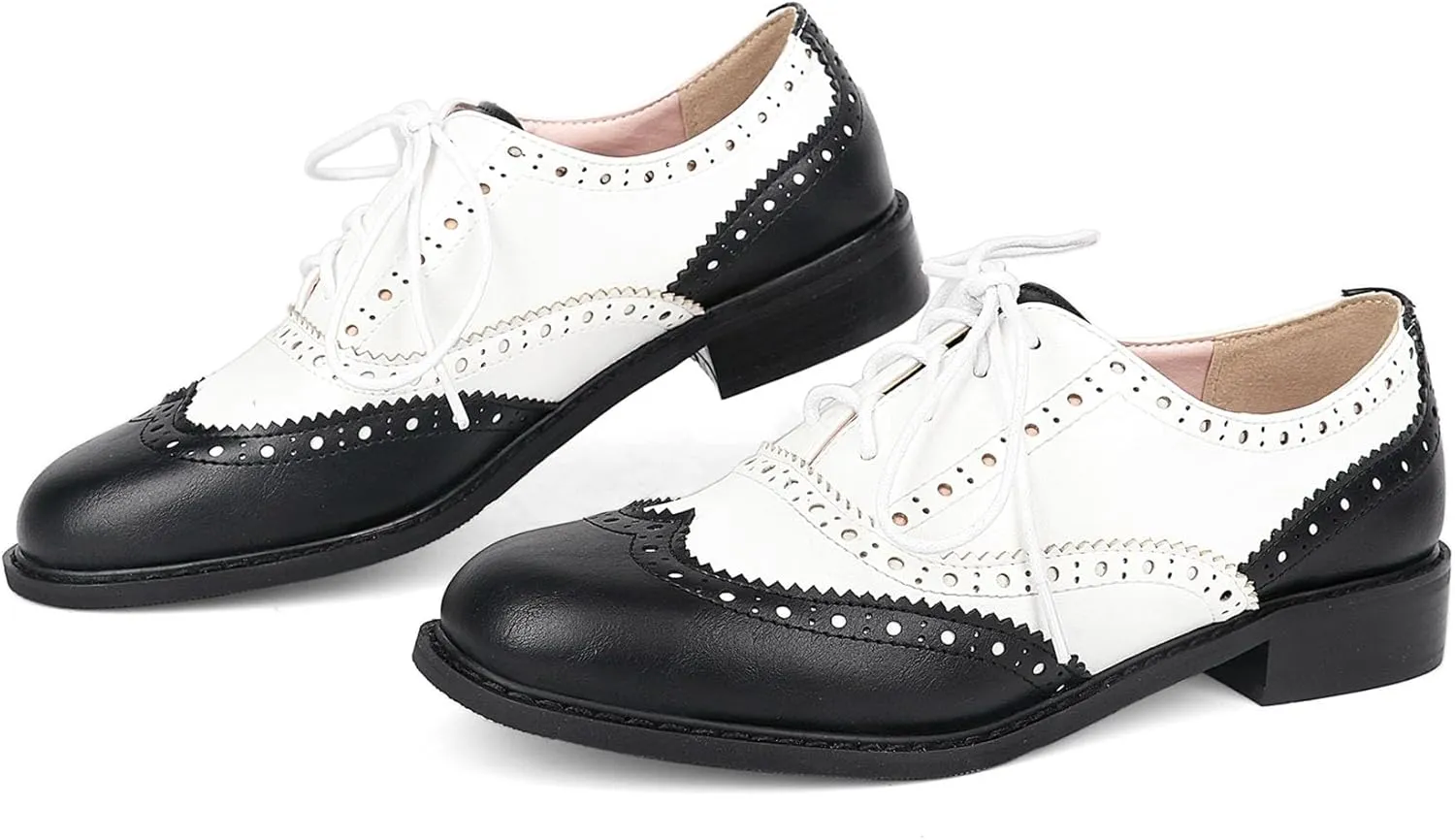 SHEMEE Women's Patent Leather Low Heels Vintage Wingtip Oxfords Pumps Lace Up Pointed Toe Flat Retro Brogues Dress Shoes