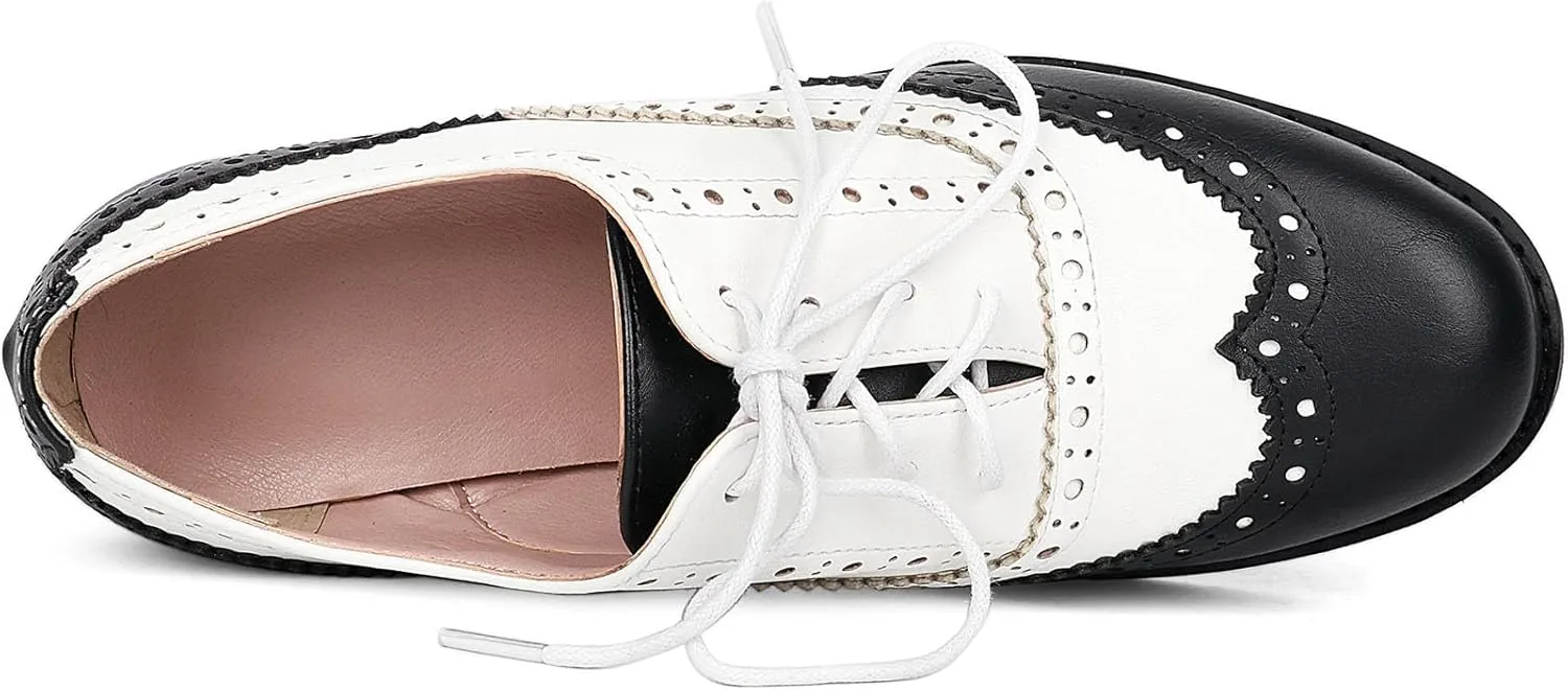 SHEMEE Women's Patent Leather Low Heels Vintage Wingtip Oxfords Pumps Lace Up Pointed Toe Flat Retro Brogues Dress Shoes