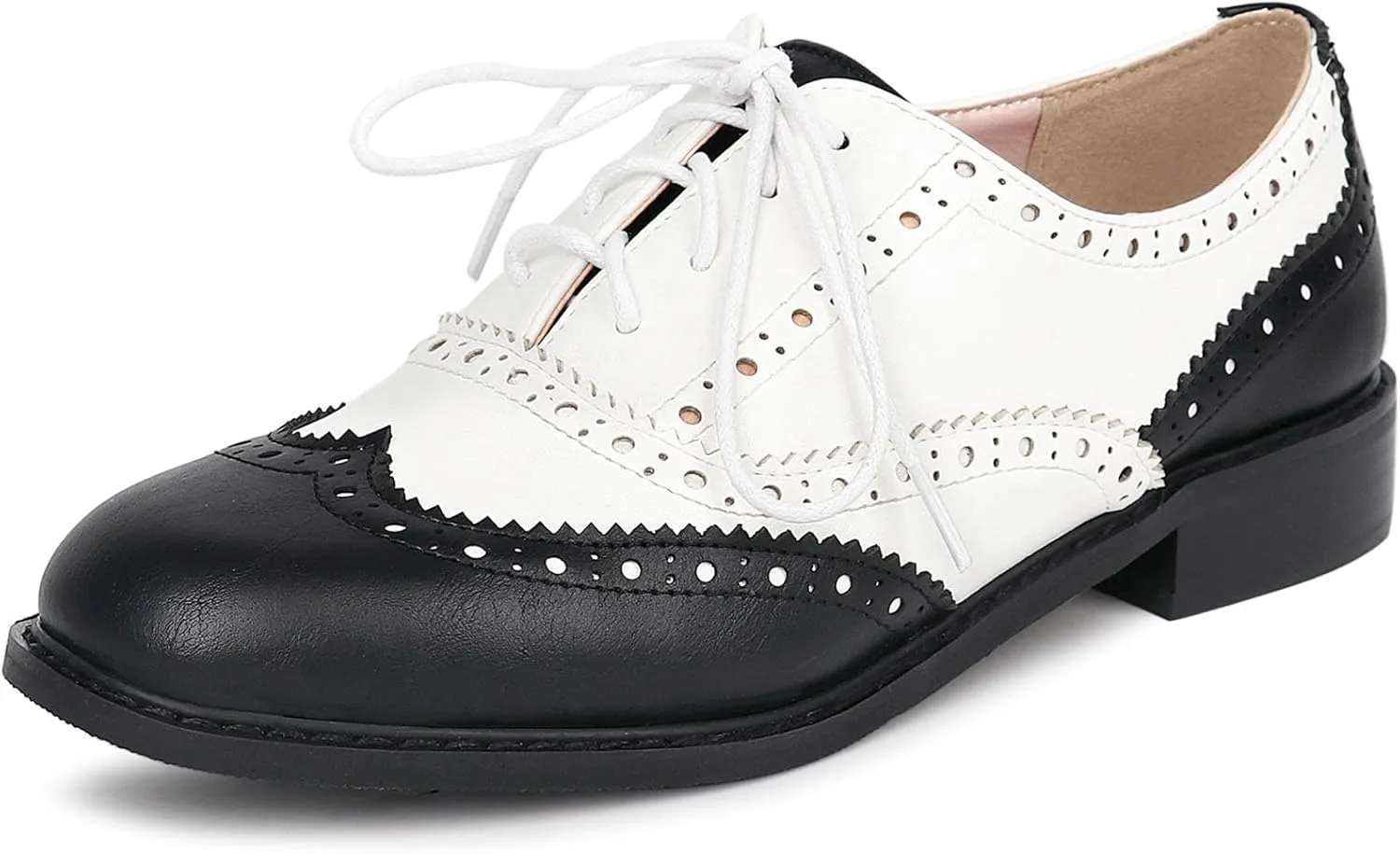 SHEMEE Women's Patent Leather Low Heels Vintage Wingtip Oxfords Pumps Lace Up Pointed Toe Flat Retro Brogues Dress Shoes
