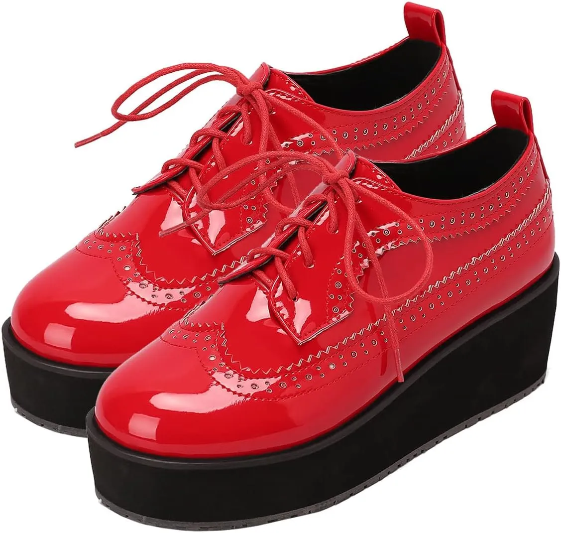 SHEMEE Women's Patent Leather Wedge Heel Platform Oxfords Pumps Wingtip Lace Up Round Toe Brogues Sneaker Shoes