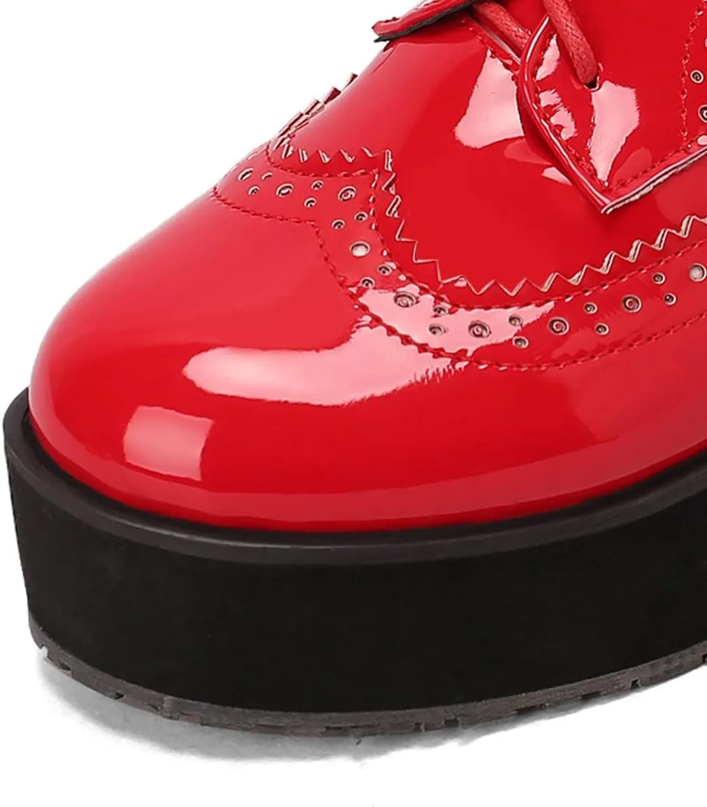 SHEMEE Women's Patent Leather Wedge Heel Platform Oxfords Pumps Wingtip Lace Up Round Toe Brogues Sneaker Shoes