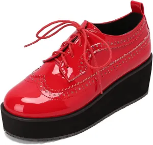 SHEMEE Women's Patent Leather Wedge Heel Platform Oxfords Pumps Wingtip Lace Up Round Toe Brogues Sneaker Shoes