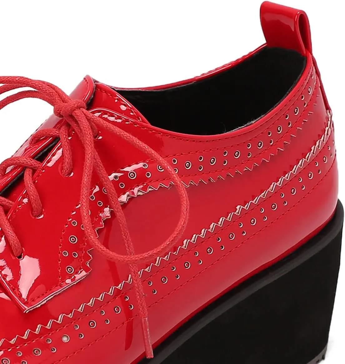 SHEMEE Women's Patent Leather Wedge Heel Platform Oxfords Pumps Wingtip Lace Up Round Toe Brogues Sneaker Shoes