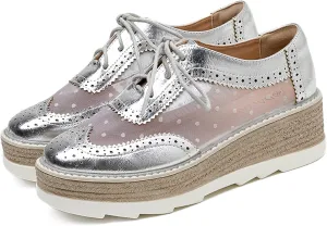 SHEMEE Women's Platform Patent Leather Lace Up Oxfords Pumps Vintage Wingtip Mid Heels Round Toe Brogues Flat Dress Shoes