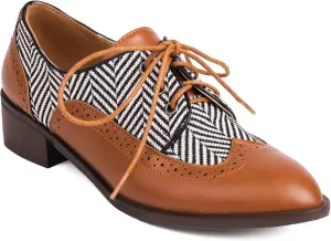 SHEMEE Women's Two Tone Oxfords Saddle Shoes Vintage Perforated Wingtip Brogues Laced Chunky Low Heels Pumps