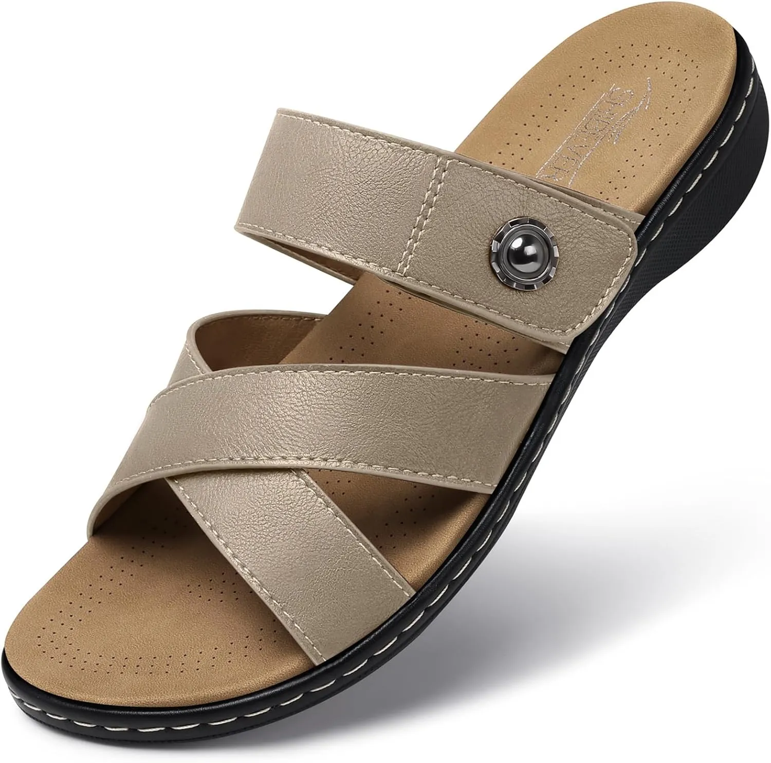 SHIBEVER Women Slides Summer Sandals: Arch Support, Comfort Walking, Adjustable Strap, Open Toe Flat Sandals Size 5-11