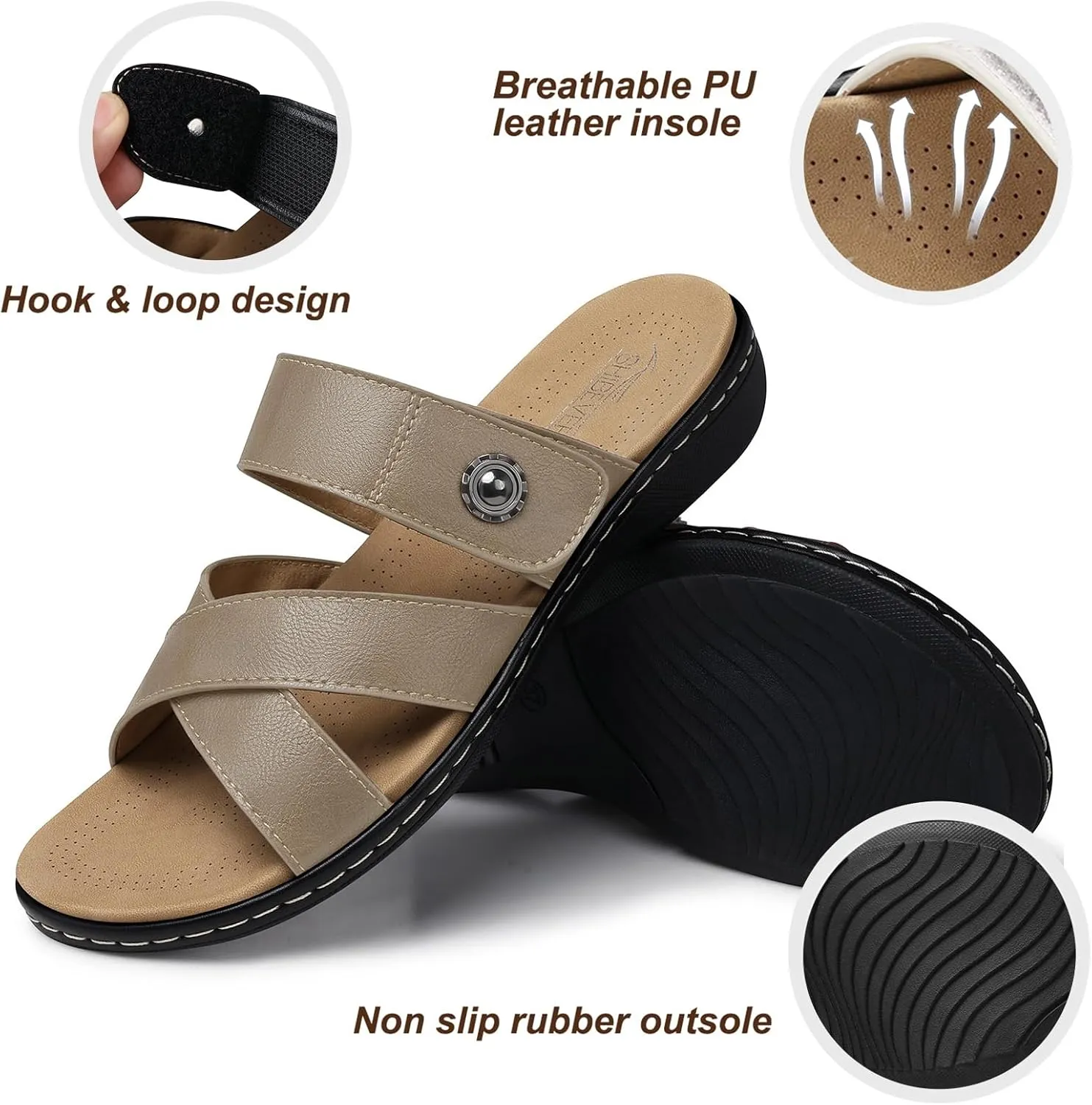 SHIBEVER Women Slides Summer Sandals: Arch Support, Comfort Walking, Adjustable Strap, Open Toe Flat Sandals Size 5-11